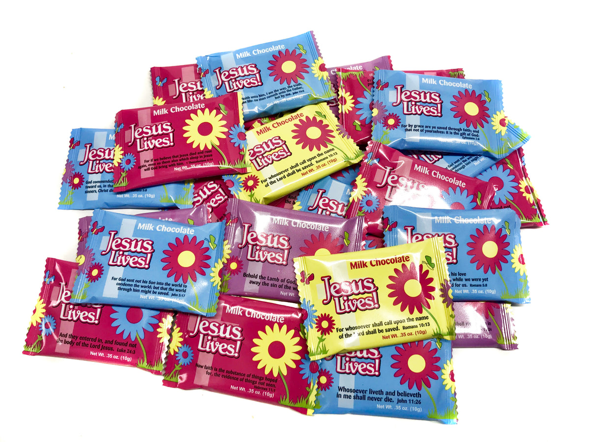 Spring Milk Chocolate Candy with Jesus Lives! Theme Colorful Wrappers
